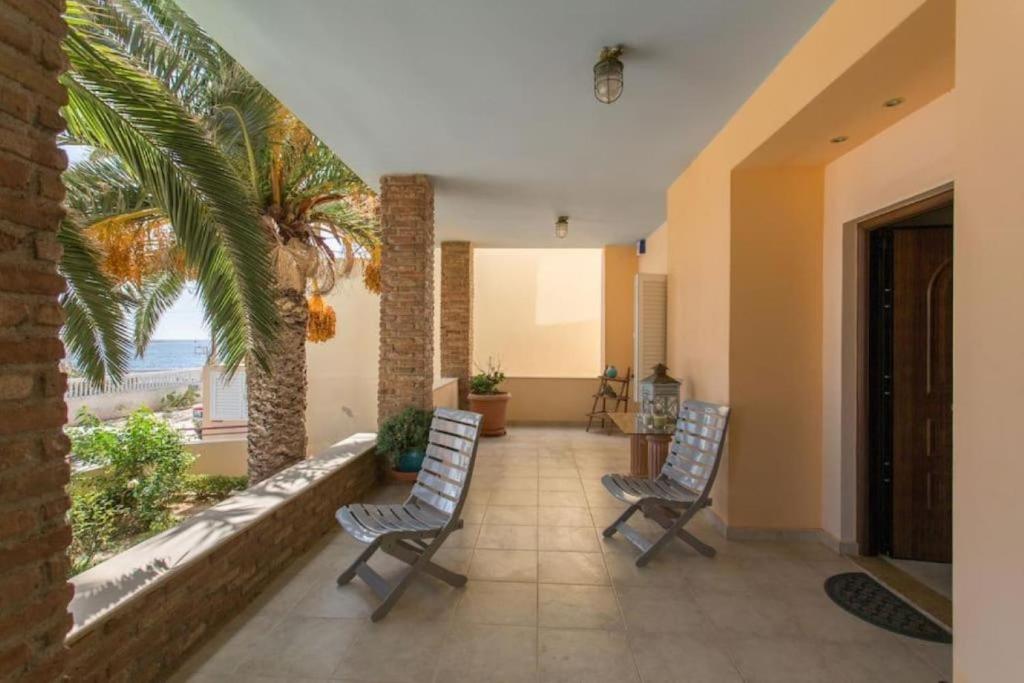 Shaded porch with palm tree at a beachfront apartment in Artemida, Greece